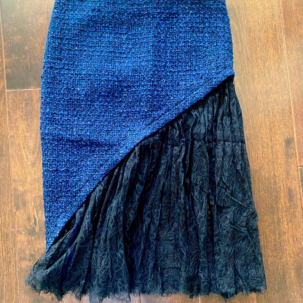 Lux French Royal Blue Tweed & Black Lace Pencil Skirt